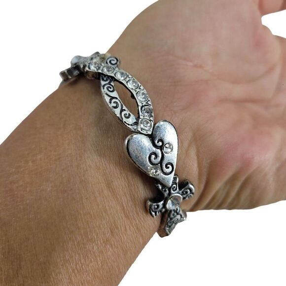 Silver Bracelet Stretch Beaded Inspirational Religious Heart Cross Ichthys - Picture 3 of 5